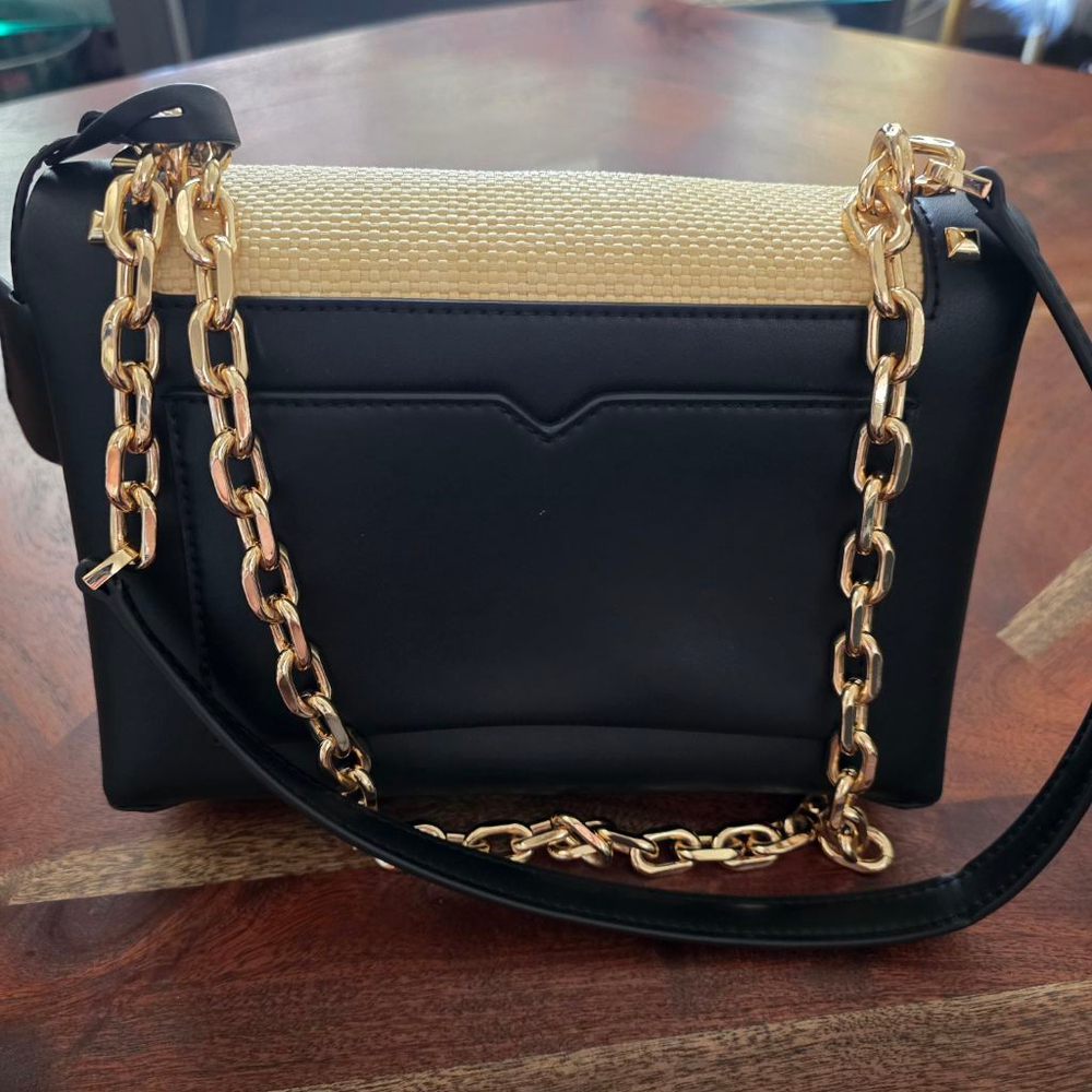 Michael Kors Studded Straw & Leather Crossbody Bag Tan/Black One Size - Picture 6 of 15